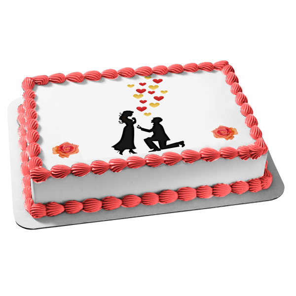 Engagement Proposal Couple Silhouette Roses Hearts Valentines Love Romance Wedding Edible Cake Topper Image ABPID53484 For Discount