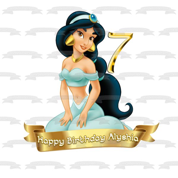 Disney Aladdin Princess Jasmine Customizable Happy Birthday Banner Edible Cake Topper Image ABPID53457 For Sale