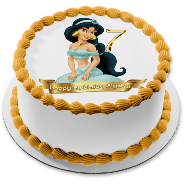 Disney Aladdin Princess Jasmine Customizable Happy Birthday Banner Edible Cake Topper Image ABPID53457 For Sale