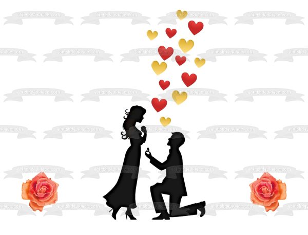 Engagement Proposal Couple Silhouette Roses Hearts Valentines Love Romance Wedding Edible Cake Topper Image ABPID53484 For Discount